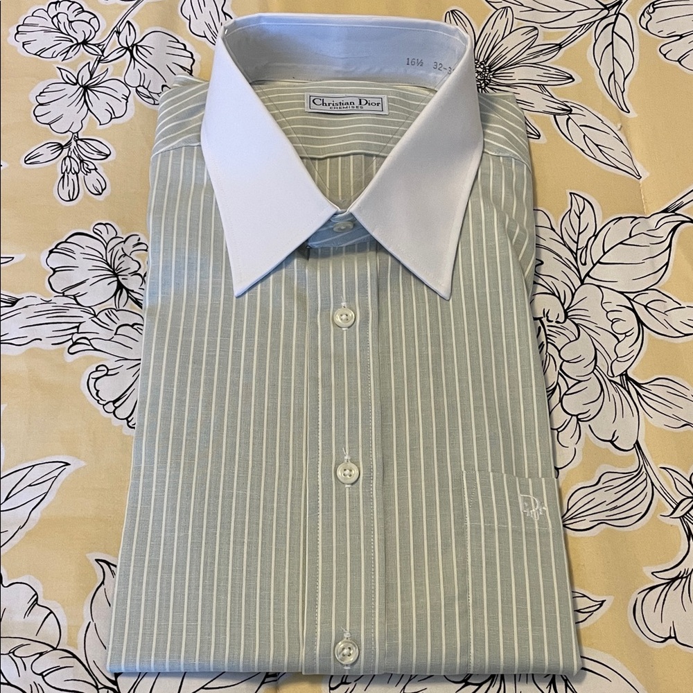 Christian Dior Chemises Vintage Dress Shirt Men's 16 1/2 32 - 33 Sage Pinstripe